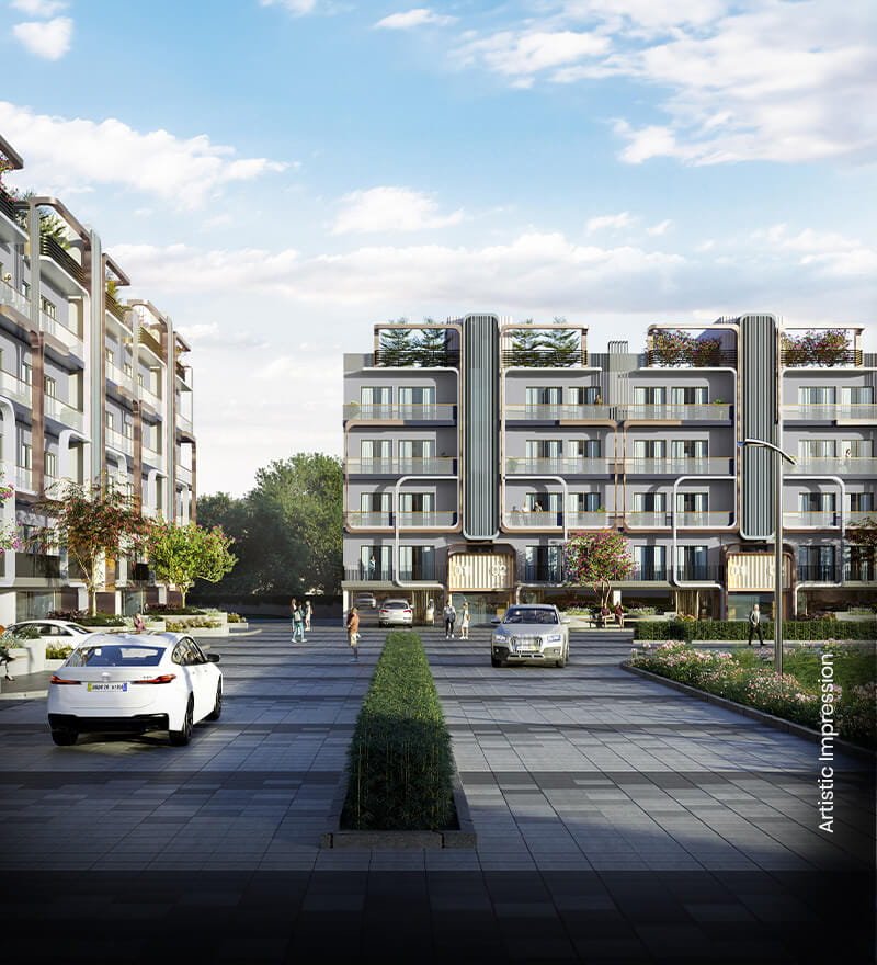 M3M Antalya Hills Gurgaon-inspired residential complex with landscaped gardens and Aravalli hills in the background