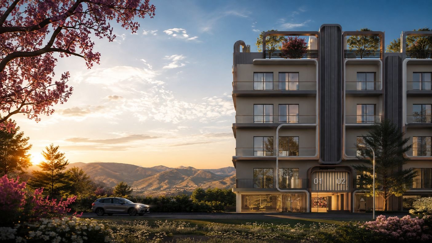 M3M Antalya Hills Gurgaon-inspired residential complex with landscaped gardens and Aravalli hills in the background