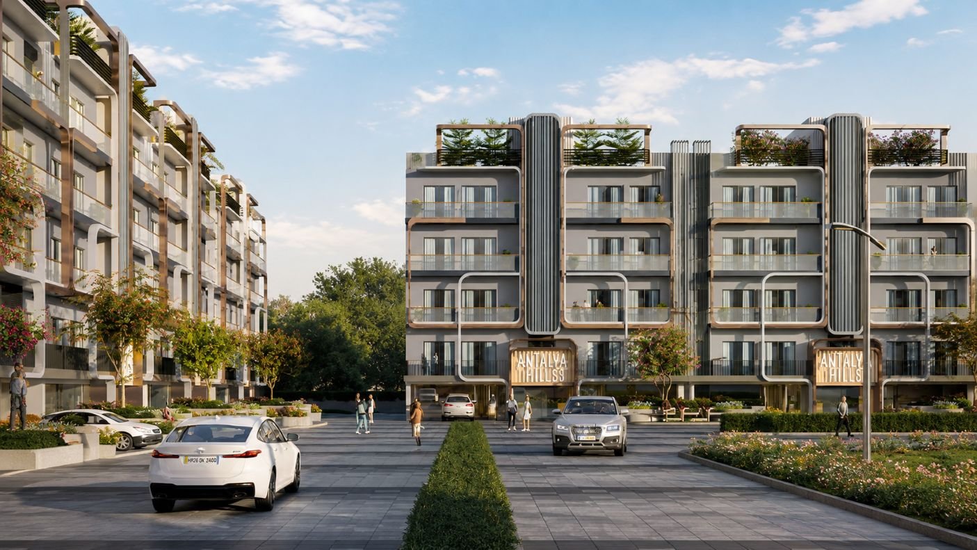 M3M Antalya Hills Gurgaon-inspired residential building with flowering gardens and mountain views at sunset