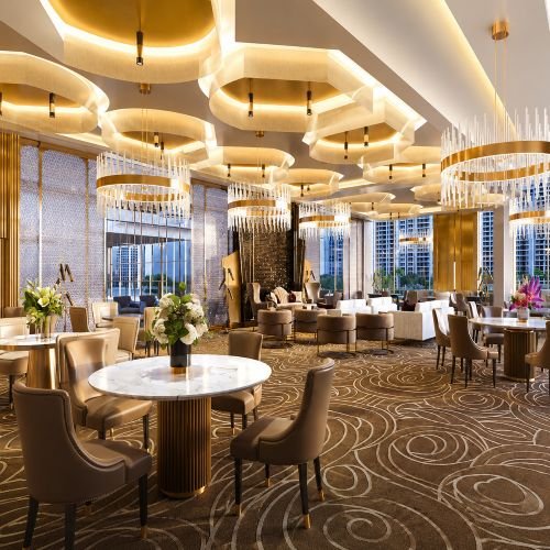 M3M Capital luxury lounge interior with elegant seating, chandeliers and city views