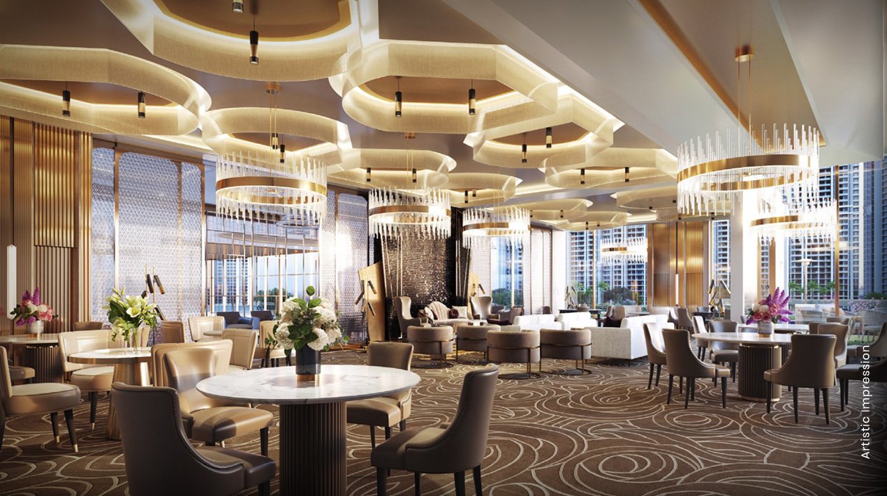 M3M Capital luxury lounge interior with elegant seating, chandeliers and city views