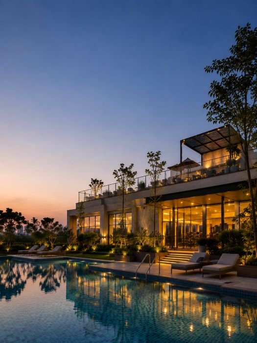 M3M Crown luxury residential development overlooking a landscaped water body
