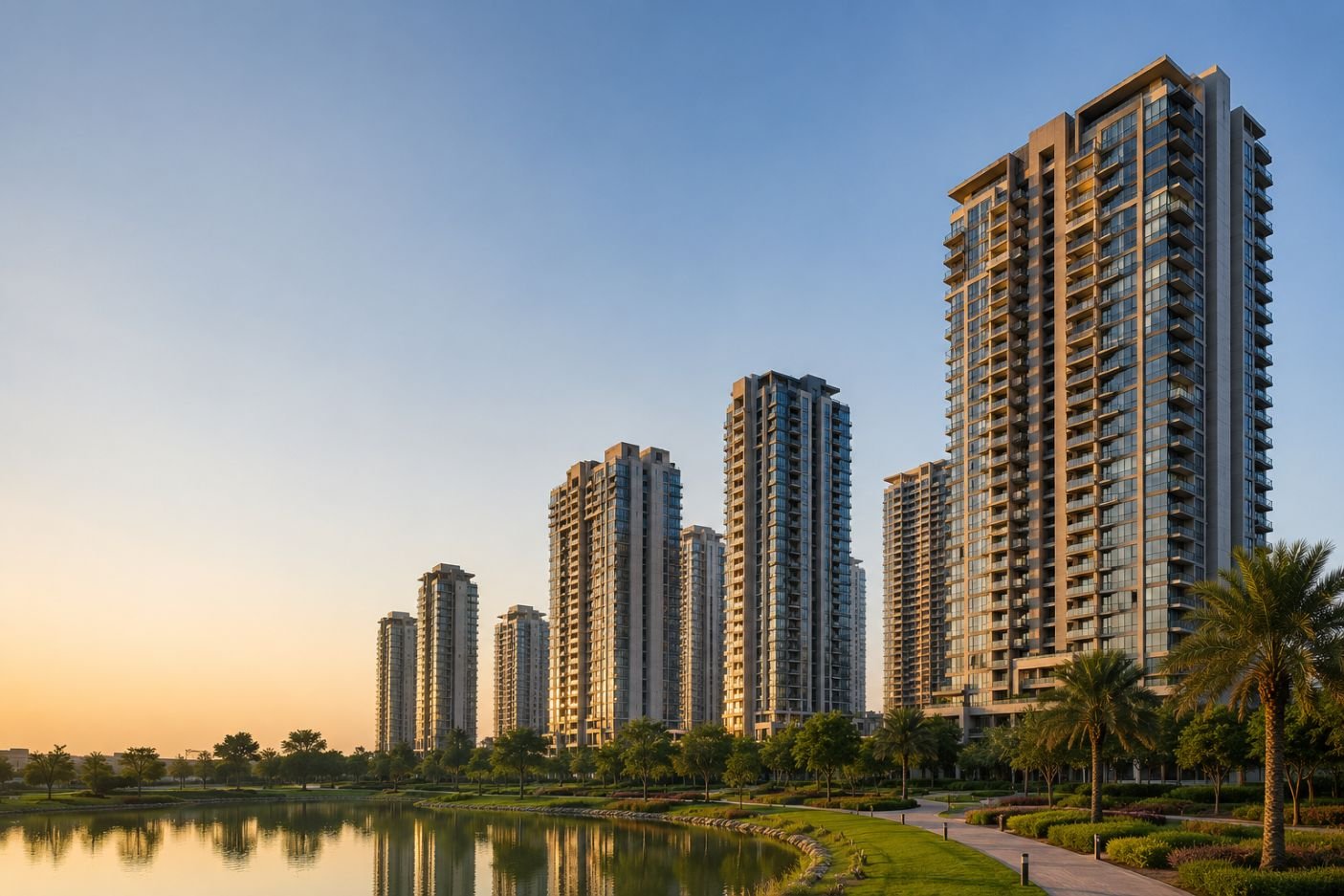 M3M Crown luxury residential development with landscaped surroundings and modern high-rise towers