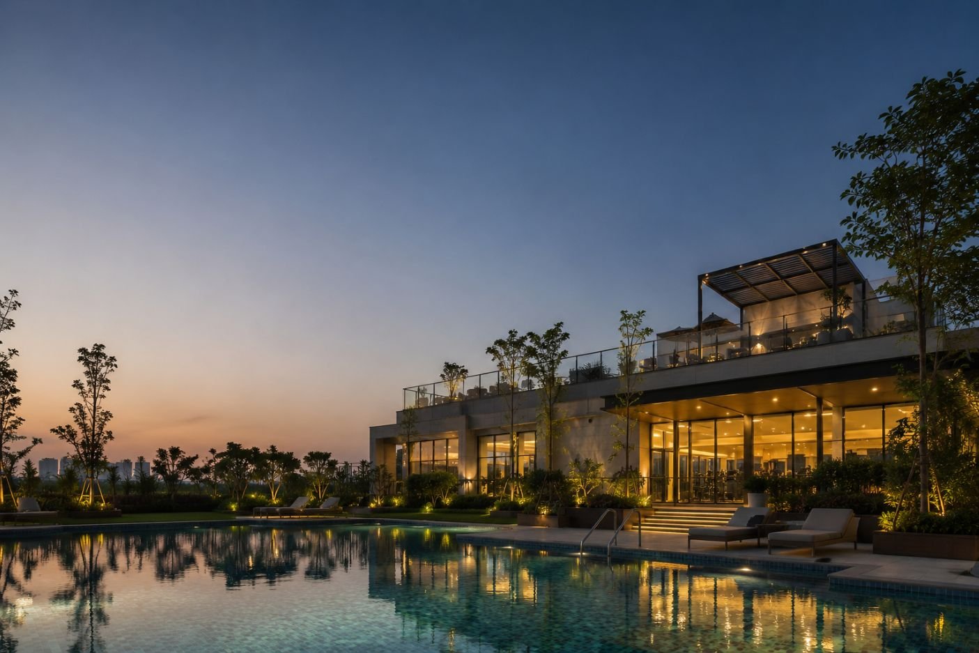 M3M Crown luxury residential development overlooking a landscaped water body