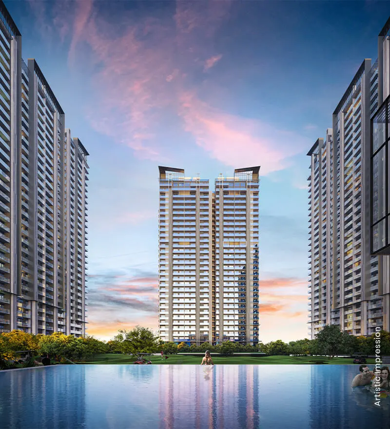 M3M Golf Hills luxury residential towers overlooking landscaped gardens and a scenic water feature in Gurgaon