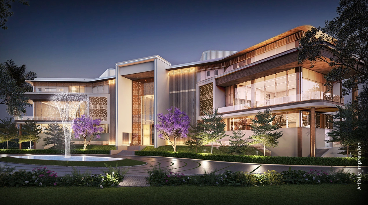 M3M Soulitude luxury boutique floors with landscaped gardens and illuminated clubhouse at night in Sector 89 Gurgaon