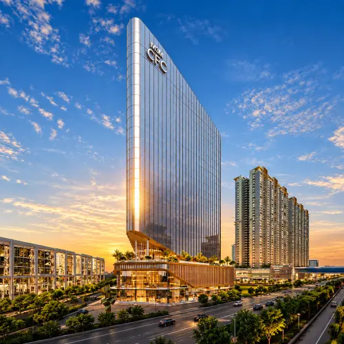 M3M CFC commercial tower in Sector 113 Gurgaon with modern glass façade, landscaped podium, surrounding high-rise buildings, and wide road at sunset.