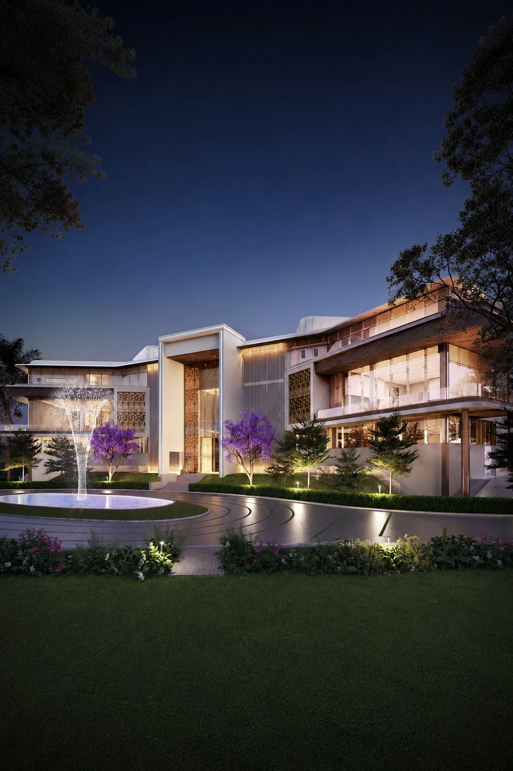M3M Soulitude luxury boutique floors with landscaped gardens and illuminated clubhouse at night in Sector 89 Gurgaon