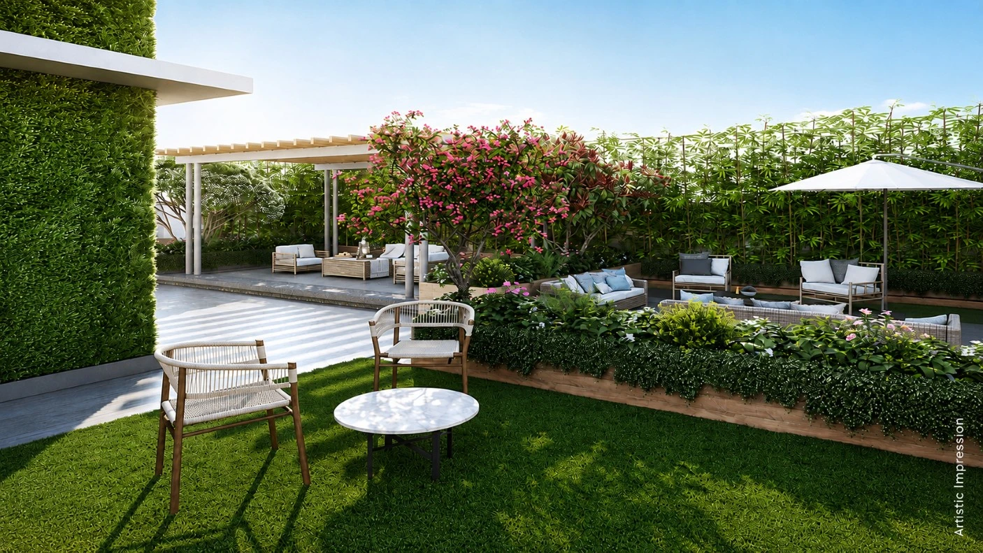 M3M Soulitude luxury landscaped garden with green chairs and outdoor seating in Sector 89 Gurgaon