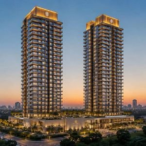 Trump Tower Sector 65 Gurgaon twin luxury towers at dusk with landscaped surroundings and city skyline