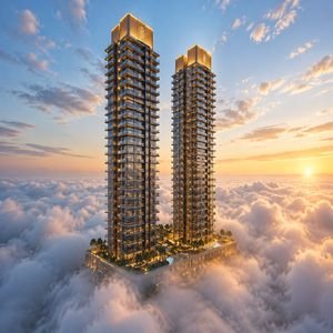 Trump Tower Sector 65 Gurgaon twin luxury towers rising above the clouds at sunset with illuminated façades and landscaped podium.