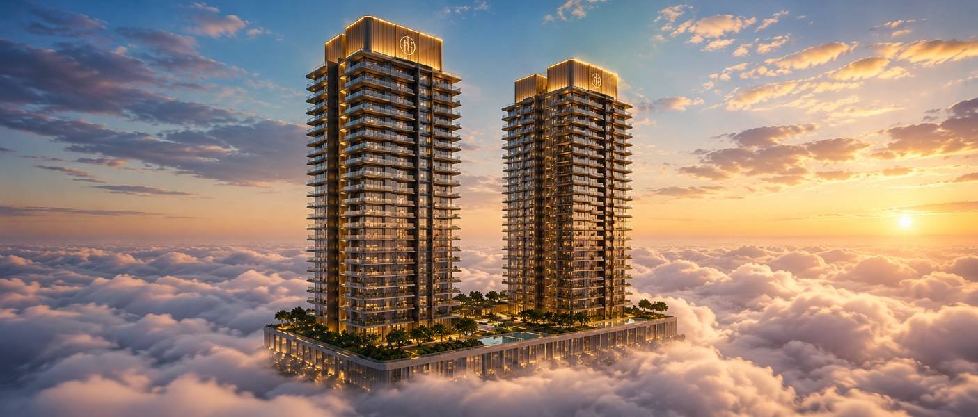Trump Tower Sector 65 Gurgaon twin luxury towers rising above the clouds at sunset with illuminated façades and landscaped podium.
