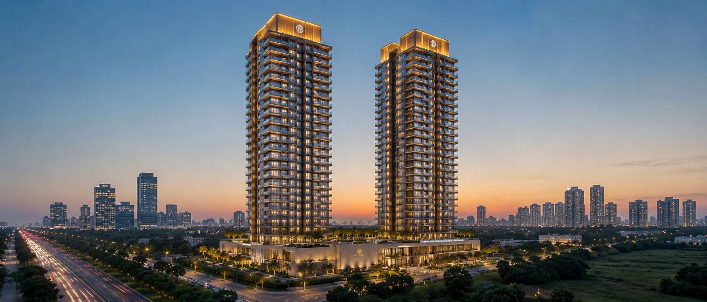 Trump Tower Sector 65 Gurgaon twin luxury towers at dusk with landscaped surroundings and city skyline