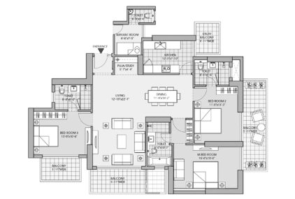 3BHK+ Servant 2430 SQFT T2