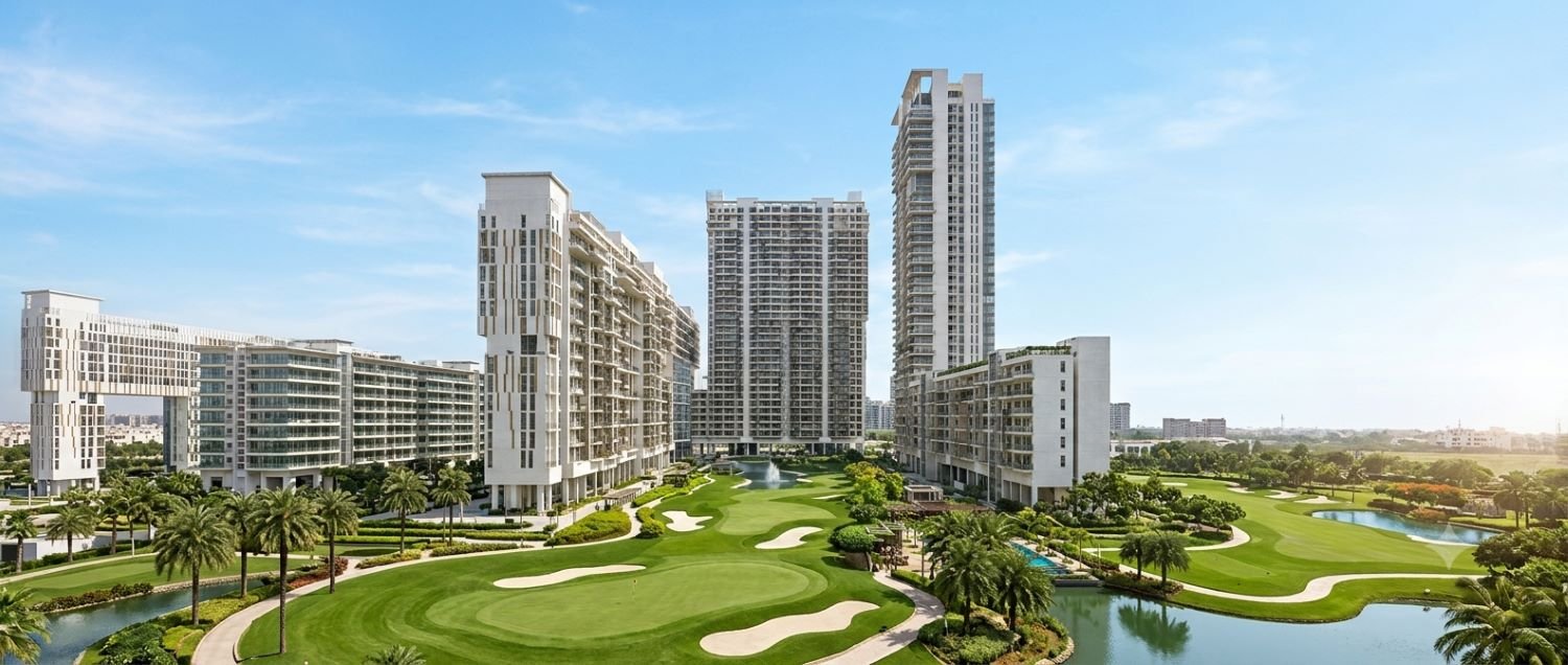 M3M Golf Estate luxury residences surrounded by landscaped golf course and water features in Gurugram
