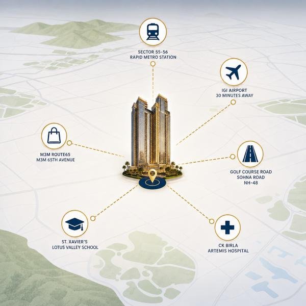 Location map of Trump Tower Sector 65 Gurgaon showing nearby metro station, IGI Airport, major roads, shopping destinations, schools, and hospitals.
