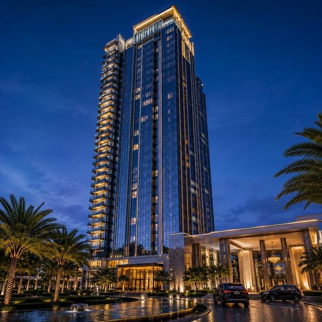 Tower Sector 65 in Gurugram illuminated against a deep blue twilight sky, with a landscaped entrance, reflecting water feature, palm trees, and luxury cars in the foreground.