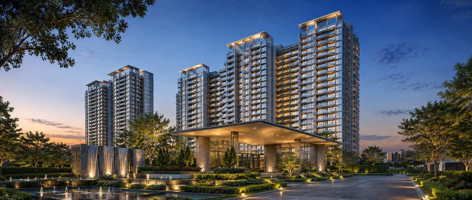 M3M Golf Estate luxury residential towers and landscaped entrance in Gurugram