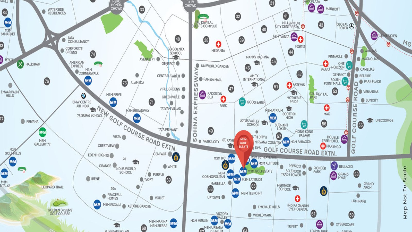M3M Golf Estate location map showing connectivity and nearby landmarks in Gurugram