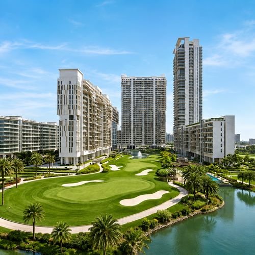 M3M Golf Estate luxury residences surrounded by landscaped golf course and water features in Gurugram