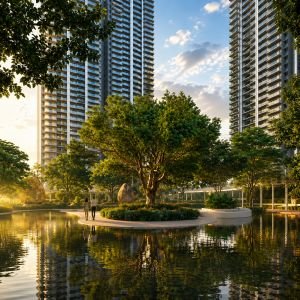 M3M Forestia West landscaped residential complex with high-rise towers and water feature