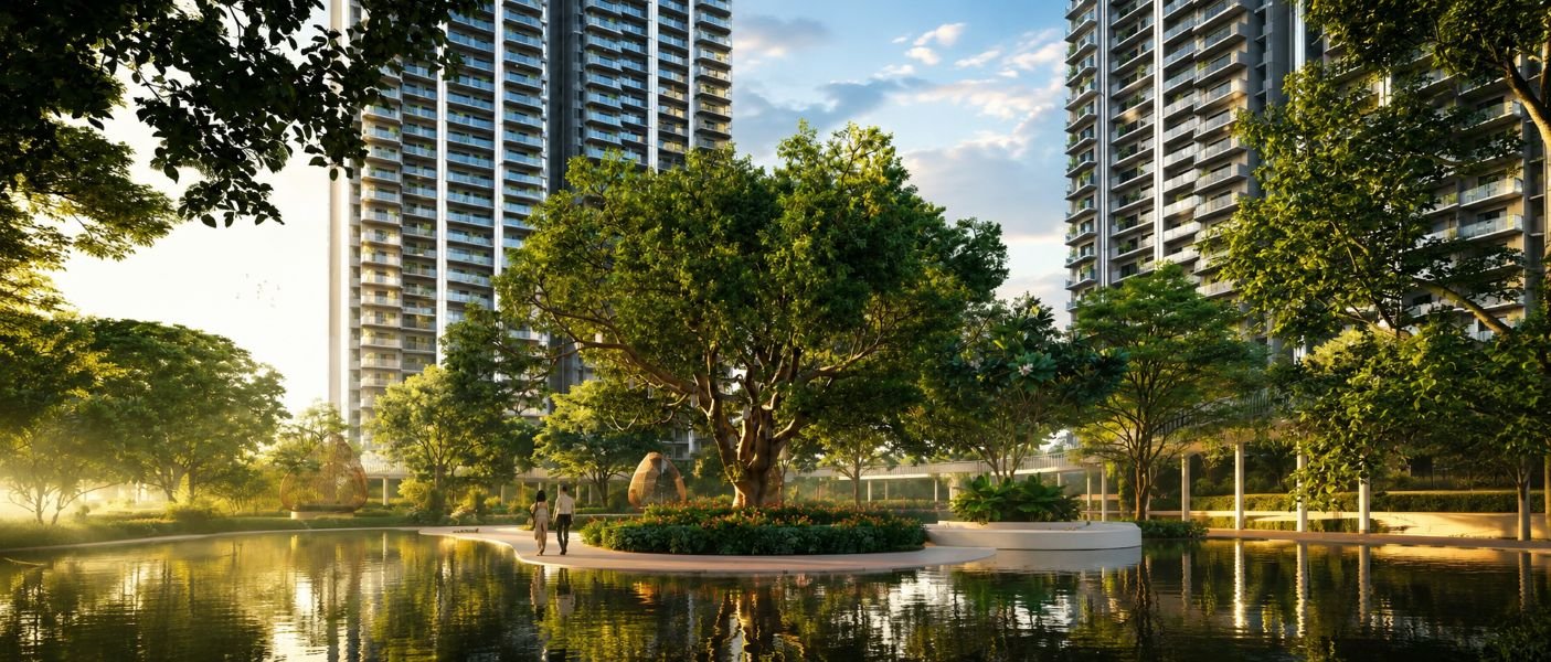 M3M Forestia West landscaped residential complex with high-rise towers and water feature