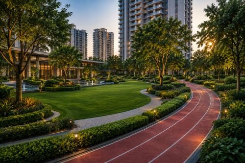 Landscaped greens and jogging tracks