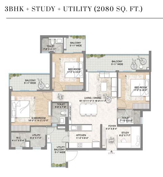 3 BHK + Study + Utility