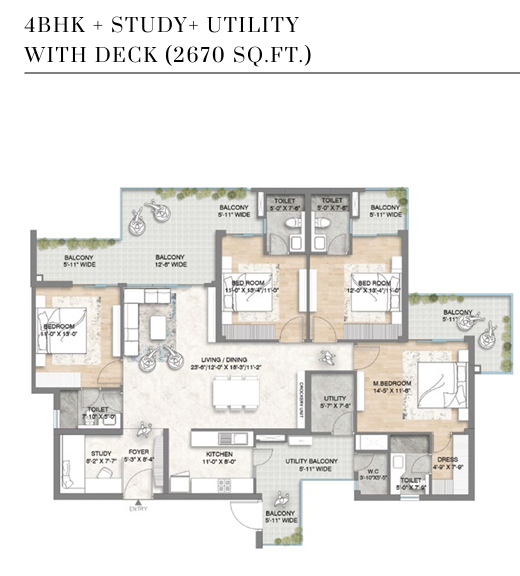 4 BHK Study plus Utility with Deck