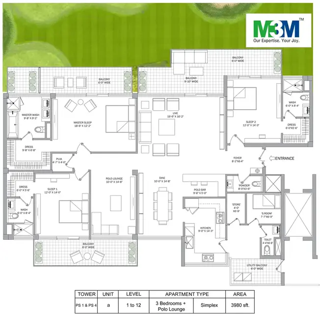 M3M Polo Suites floor plan - 3 BHK