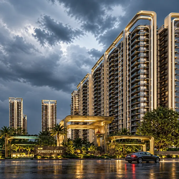 M3M Forestia West residential towers with a landscaped entrance and greenery under a dramatic cloudy sky.